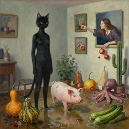 realistic painting of a flooded artist's apartment and a tall emo catgirl, many gourds, a pig, a lady reaching out from inside paintings on the wall, pomegranates, cactus, octopus, courgettes, 1 6 mm, berries, zen, sensual, surrealist painting by magritte and rousseau and monet