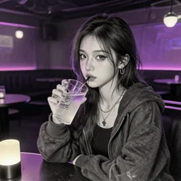cyberpunk girl sitting and drinking in an empty nightclub, quiet night, volumetric lighting, detailed face, hyper real, pencil art, moody lighting, cute, comfy