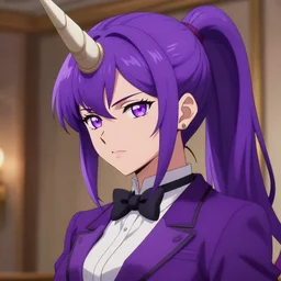 beautiful anime woman with purple hair, ( ( ( ( ( unicorn horn ) ) ) ) ) ( ( ponytail ) ) ( ( ( purple eyes ) ) ), a purple tuxedo, sharp focus, intricate, cell shaded, award winning photography, cinematic, digital painting, cinematic, wlop, 8 k, by ross tran, tom bagshaw
