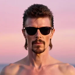 david bowie with a buzzcut and a full beard wearing sunglasses, golden hour, pink sunset, 8 k