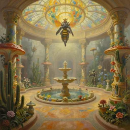 an oil painting by donato giancola, warm coloured, cinematic scifi luxurious futuristic foggy hydroponic victorian garden circular courtyard with bulbous stained glass floral fungi cactus growing out of pretty ceramic baroque fountains, gigantic pillars and flowers, beeple, halo, star wars, ilm, star citizen, halo, mass effect, artstation, atmospheric perspective