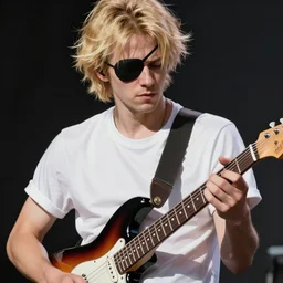 blonde wild hair boy playing fender stratocaster, eye - patch, close - up portrait, plain white tshirt, powerfull, intricate, elegant, volumetric lighting, scenery, digital painting, highly detailed, artstation, sharp focus, illustration, concept art, ruan jia, steve mccurry