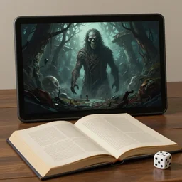 Book and gm screen with dices on the table, arham horror art by John Pacer, digital painting, artstation, concept art, smooth, sharp focus, illustration