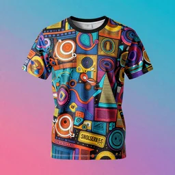 t-shirt with full maximalist crazy print, product photo, coloured background