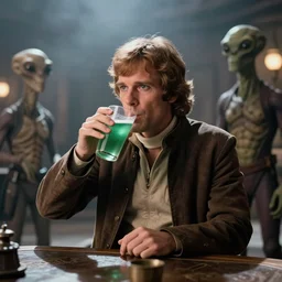 A long-shot, color cinema film still of a Marlin Monroe drinking green drink in the Mos Eisley's Tavern, Two aliens around, misty, studio lighting; from Star Wars(1977)