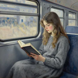 illustration of a reading girl on the train, canvas, oil paint, ultra - wide angle, insanely detailed and intricate, hypermaximalist, elegant, ornate, hyper realistic, super detailed, gray, quiet, peace, artwork by edvard munch - c 7 - n 4 - s 5 0 - w 1 0 2 4 - h 1 0 2 4