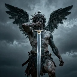 Reflection of Perseus on the sword, courage and madness on his face, scary, epic