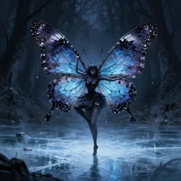 a butterfly made of shattered hopes, grimdark fantasy painting of a cosmic butterfly on a shadowed forest background. a fursona of a butterfly goddess dancing on a frozen lake in the darkness void realm