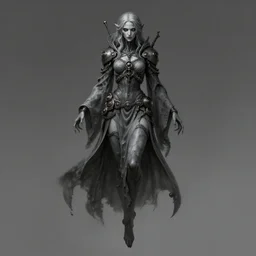 female revenant, undead, grey tarnished robes, vengeful, floating, no legs, high fantasy, steampunk, monochromatic, detailed face, highly detailed, smooth, shrap focus, matte digital illustration, by koyorin, donato giancola, pixiv