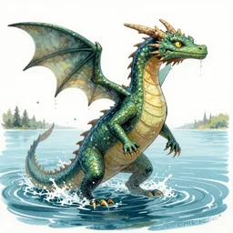 A water dragon emerging from the Great Lakes, dripping with water particles. Trending on ArtStation. Drawn by Dan Volbert, Norman Rockwell, and John Harris.