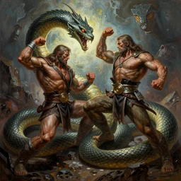 a highly detailed symmetrical painting of conan fighting a mythical snake creature, dynamic lighting, ambient lighting, deviantart, art by frank frazetta and glenn fabry