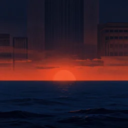 ocean horizon, mads berg, karolis strautniekas, film noir, stippled light, dramatic lighting, editorial illustration, detailed, fine texture, matte print, art deco, brutalism, dark blue + dark orange, red, black, ( ( habitat 6 7 background ) ) 1 0 2 4