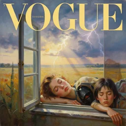 3 d, sci - fi, morning, old window, sleepy fashion model face, sun rays, large open field, lightning clouds, vogue cover style, morning colors mood, cinematic, realistic painting, intricate oil painting, high detail, figurative art, multiple exposure, poster art, 3 d, by stanley kubrick and tooth wu and wlop and beeple and greg rutkowski