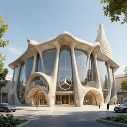 mercedes exhibition center exterior designed by antoni gaudi, and concept art by greg rutkowski