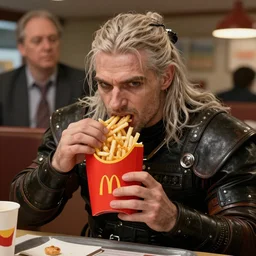beautiful digital concept art of Geralt stuffing his face at McDonald’s, featured on artstation, by J.C Leyendecker and Norman Rockwell