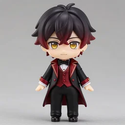 nendoroid anime handsome male demon boy, short black and dark red hair, golden eyes, gold color eyes pretty symmetrical face, fullbody, wearing black and red silk baroque tuxedo jacket, anime, nendoroid