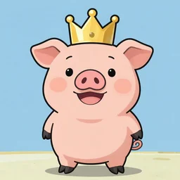 2d cartoon happy pig wearing a gold crown in the style of joe tamponi