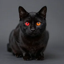 A black cat with red eye in one eye and orange eye in another, incredible cinematic studio lightning, 4k