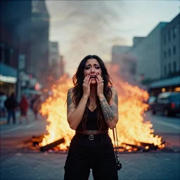 Cinestill 50d candid photography of a city on fire, extreme wide shot a techwear mixed woman wearing thick mascara and dark glitter makeup crying outside of a city on fire, tattoos, extreme long shot, full shot, blurry, 4k, 8k, hd, full color