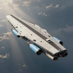 long, blocky, cargo starship with light blue thrusters