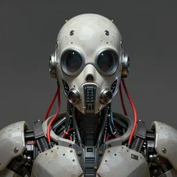 low angle shot of a cyberpunk gazmask robot character with red wires behind from top, intricate, elegant, highly detailed, centered, digital painting, artstation, concept art, smooth, sharp focus, illustration, artgerm, Tomasz Alen Kopera, Peter Mohrbacher, donato giancola, Joseph Christian Leyendecker, WLOP, Boris Vallejo
