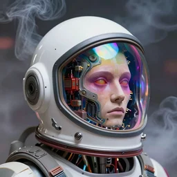 a biomechanical head inside a futuristic space helmet, vintage transistors, white plastic, iridescent visor, nebulous gas background, vibrant, emotional, art by Ruan Jia,