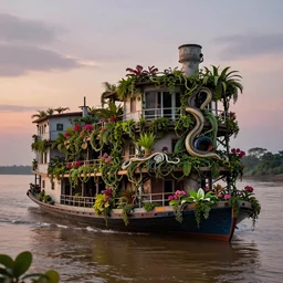 A steamboat completely overgrown with vines, flowers, snakes, and exotic vegetation on the Amazon river. Beautiful photo by National Geographic. Photorealistic. Dusk colors. Volumetric lights. Mist. hyper-maximalistic, with high detail, cinematic, 8k resolution, beautiful detail, insanely complex details.