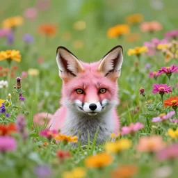 pink fox head popping out of a field of multi colored flowers by moebius