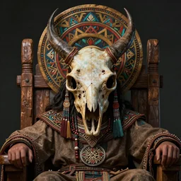 ancient slavic tribal shaman animal skull mask close-up portrait sitting on old wooden throne, halo, intricate artwork by Darius Zawadzki, James jean, Noah Bradley, very coherent artwork, cinematic, hyper realism, high detail, octane render, unreal engine, 8k, Vibrant colors, High contrast