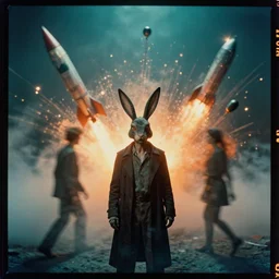 kodak portra 4 0 0, wetplate, teal and orange colours, explosions, rockets, krampus, bunny head, the walking dead, 1 9 1 0 s style, motion blur, portrait photo of a backdrop, bombs, sparkling, fog, by georges melies and by britt marling