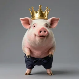 studio photograph of a pig wearing a gold crown depicted as a muppet karate full body