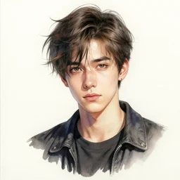 hyper realistic ink and watercolor drawing of a handsome emo guy full portrait, detailed, rim light, diffused, intricate, axe, battle, emo by anna dittmann,