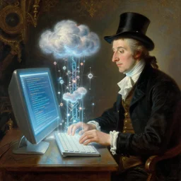 time travelling magician coding an experimental cloud architecture on a glowing computer, intricate oil painting, joseph wright of derby and carl spitzweg
