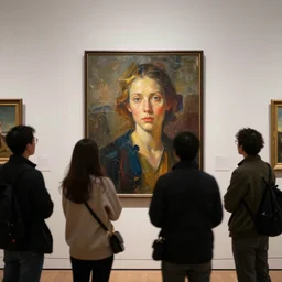 people in an art gallery, looking at people in an art gallery, 3 5 mm lens, abstract w 1 0 2 4 h 7 6 8,