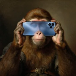 a monkey holding a google pixel 6 phone against its eyes renaissance oil painting rembrandt