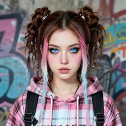 highly detailed portrait of a sewer punk lady, blue eyes, tartan hoody, ringlet hair by atey ghailan, by greg rutkowski, by greg tocchini, by james gilleard, by joe fenton, by kaethe butcher, gradient pink, brown, light blue and white color scheme, grunge aesthetic!!! ( ( graffiti tag wall background ) )