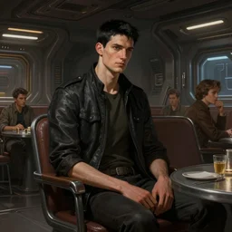 concept art by greg rutkowski, a very tall, and slender man with short black hair, sitting with the crew in the ship's dining room, brutalist futuristic interior, dark lighting atmosphere, detailed portraits, nostalgic atmosphere, scifi, digital painting, artstation, concept art, smooth, sharp foccus ilustration, artstation hq