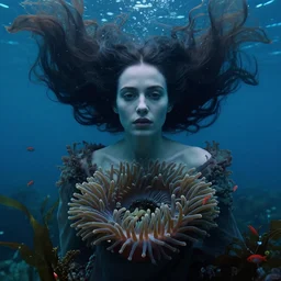 close up, moody cinematic photograph of a woman wearing a sea anemone dress, floating under the blue ocean, with detailed beautiful, symmetrical face, huge flowing hair by tim walker and edward hopper, in the ocean, lots of detail, fine facial features, sea kelp forrest, little red fish