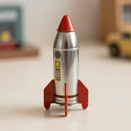 high quality presentation photo of a detailed retro tin toy rocket ship, photography 4k, f1.8 anamorphic, bokeh, 4k, Canon, Nikon