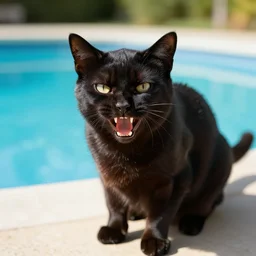 a picture of an angry black cat hissing by a pool on a sunny day