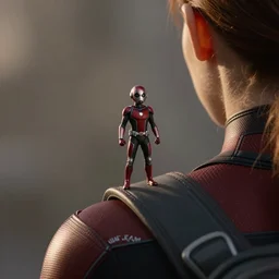 A tiny Antman standing on Kate Bishop's shoulder, tv still from Hawkeye