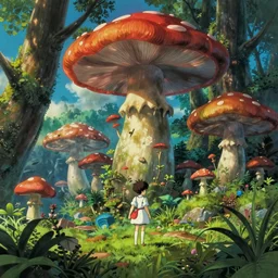 epic mushroom trees, vivid tones, wide angle, by miyazaki, nausicaa, studio ghibli, tropical, breath of the wild