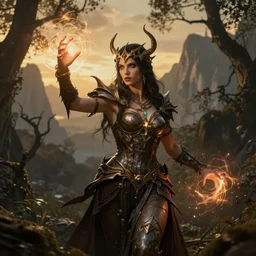 sephiroth, Female Mage conjuring a spell, realistic, ultra detailed, menacing, powerful, dark, golden hour, forest, mountains in the background concept art Ross Tran