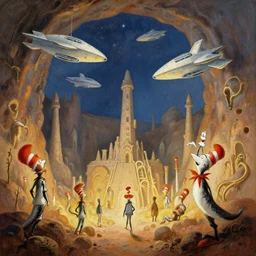 subterranean necropolis in the style of dr. seuss, starships, painting by albert bierstadt