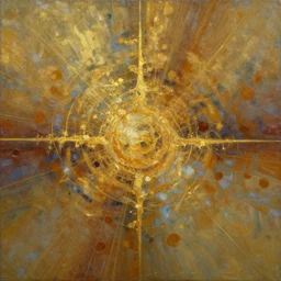 an abstract painting with solar stains, with golden threads, with brown holes, surreal style
