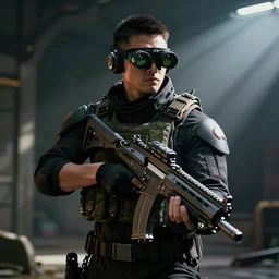 cyperpunk special ops commander, night vision googles, futuristic gun
