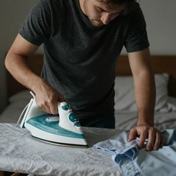 a man ironing his collar shirt on a bed, photography, award winning, hyper detailed, dim lighting, 8 k