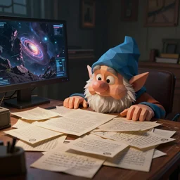 A dwarf peeking over his desk surprised like Killroy, the desk is covered in scattered letters, deep rock galactic screenshot, low poly, digital art.