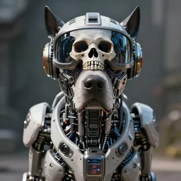 synthwave symmetric frontal view digital portrait nanopunk, biorobotic legendary dog, epic apex legends concept, retro futuristic skull vr helmet prototype cyberware, beksinski mohrbacher shirow, sharp focus, realistic scifi masterpiece, cinematic natural light, highly intricate details, 8 k, hdr, octane render