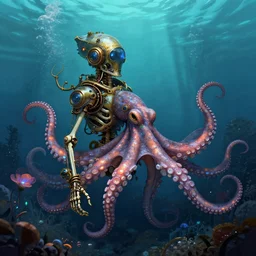 underwater photography of a steampunk human skeleton in symbiosis with octopus technology, bioluminescence, bloom, by victor grasso and scott musgrove, digital illustration
